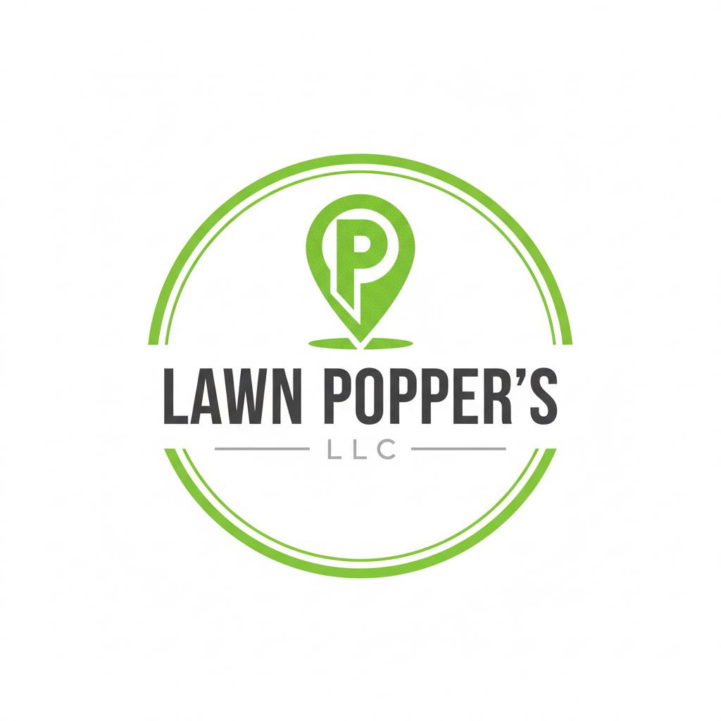 Logo of Lawn Popper's LLC featuring a green circular design with the letter 'P' and a location pin symbol.